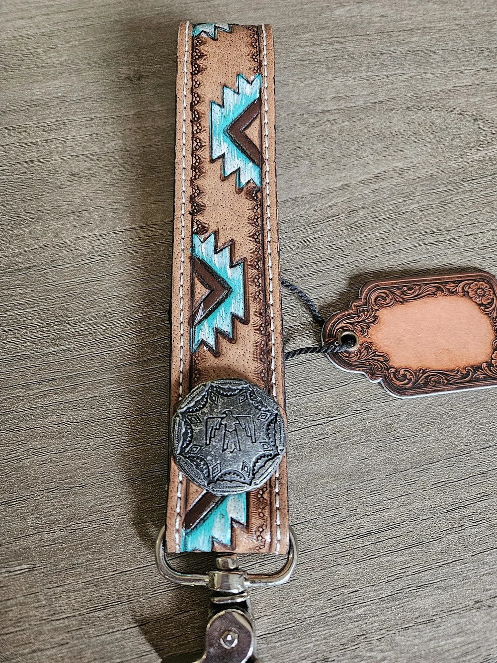 Handcrafted Brown Leather Keychain Wrist Strap with Turquoise Accents-NWT